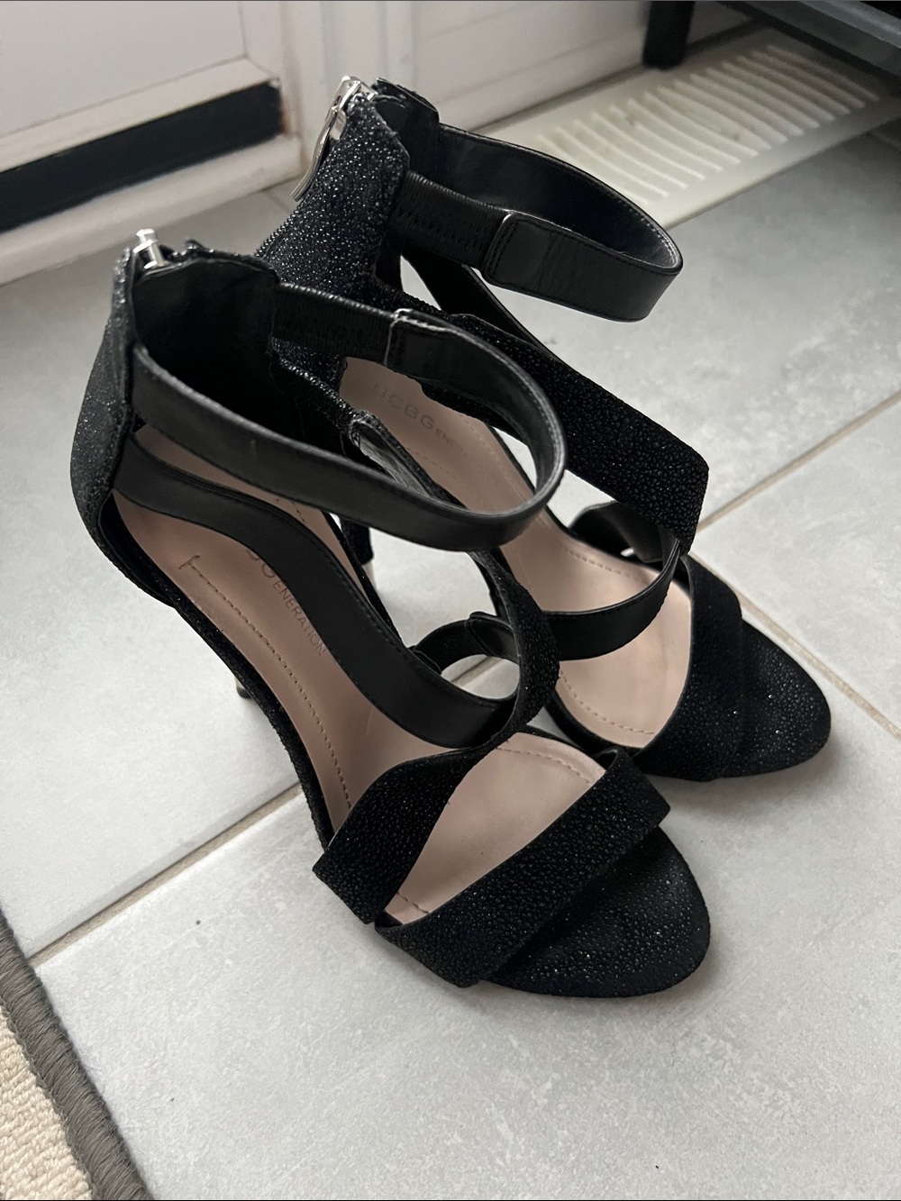 BCBGeneration Black Glitter Strappy High Heel Sandals